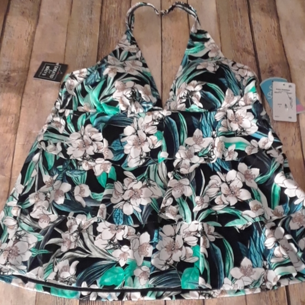 Swim Solutions Vintage Bouquet Halter Tankini Black White 12
